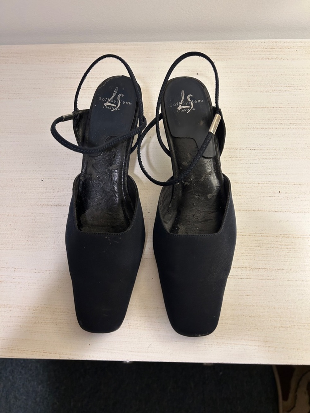 Life Stride Black Square-Toe Slingback Heels with Ankle Strap